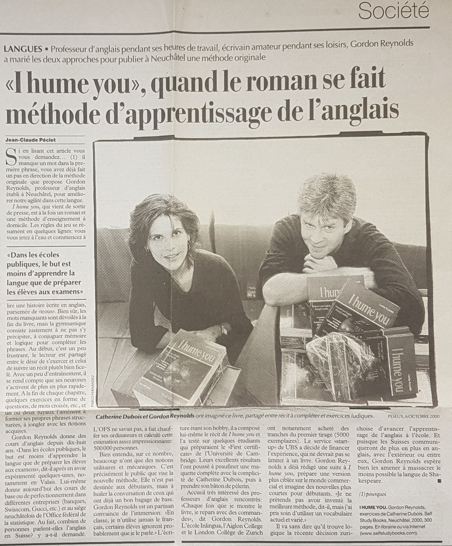 Article de presse de 2000 sur I Hume You et Gordon Reynolds, méthode d'apprentissage de l'anglais à Neuchâtel